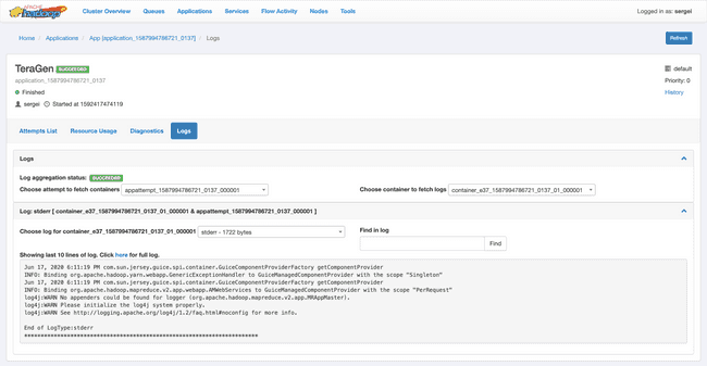 Monitoring applications log in YARN ResourceManager UI